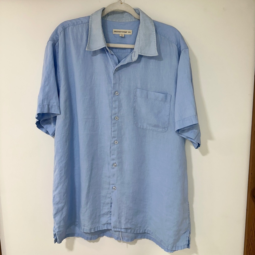 Pronto Uomo 100% Linen Button Down Mens XXL Light Blue Short Sleeve | Coastal